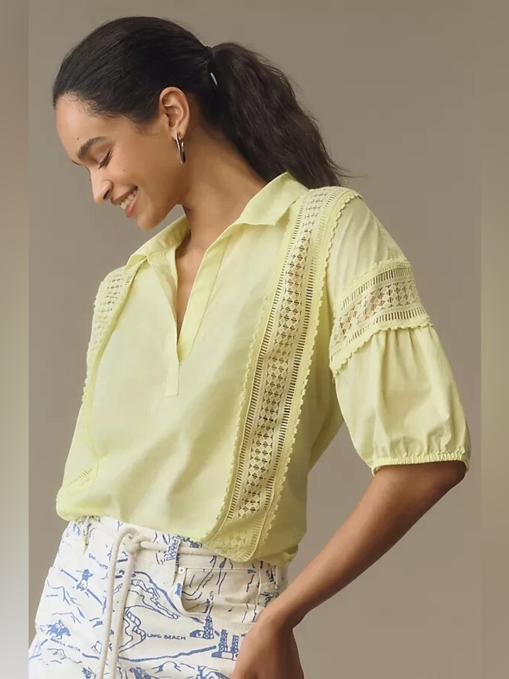 By Anthropologie Yellow Lace Inset V-Neck Tunic Blouse L